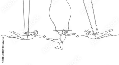 Aerial Silks Performers Trio, Dynamic Poses, Continuous Line Art
