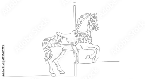 Carousel Horse Outline Drawing, Vintage Amusement Park Ride, Equestrian Art