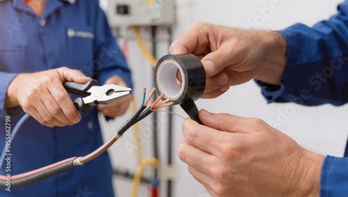 Two electricians install wiring, one holding cable with pliers while the other wraps exposed copper with tape. Scene highlights electrical work and safe installation