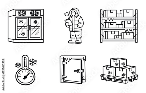 Cold storage icons with freezer worker and pallet on dark background