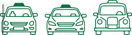 Three different styles of modern green taxi cabs shown in outline form