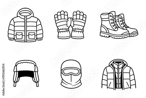 Winter clothing items arranged in a grid on dark background