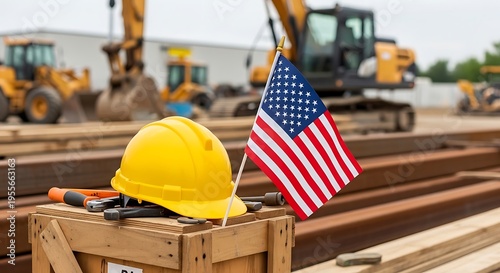 A yellow hard hat and american flag sit on a wooden crate at a busy industrial construction site
