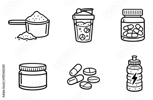 Scoop shaker supplement jar pills and energy bottle icons on dark