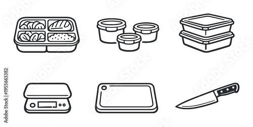 Meal prep containers and kitchen tools on dark background