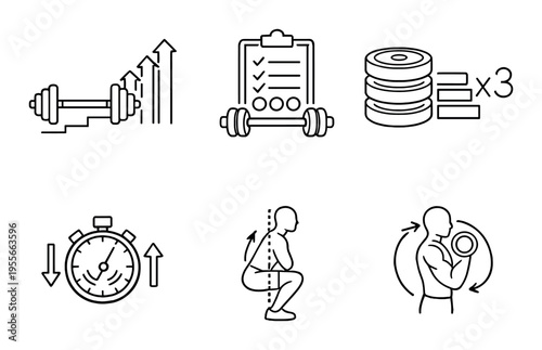 Gym and weightlifting icons showing exercises on dark background