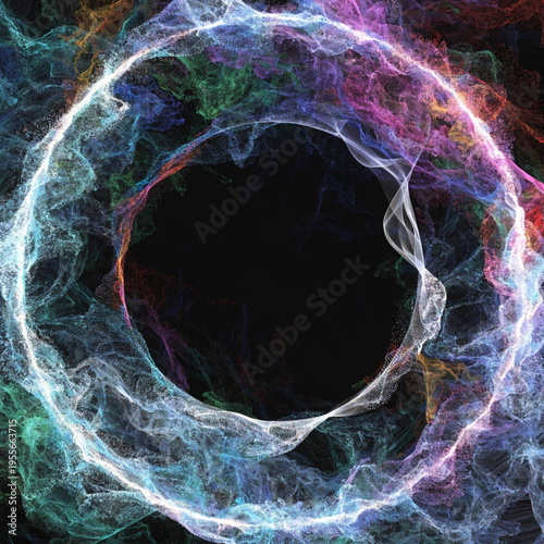 A vibrant and colorful abstract image of a glowing ring with swirling patterns of light