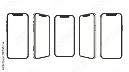 Minimalist mobile device frames in sleek black and white design arranged in a clean row for modern tech presentations