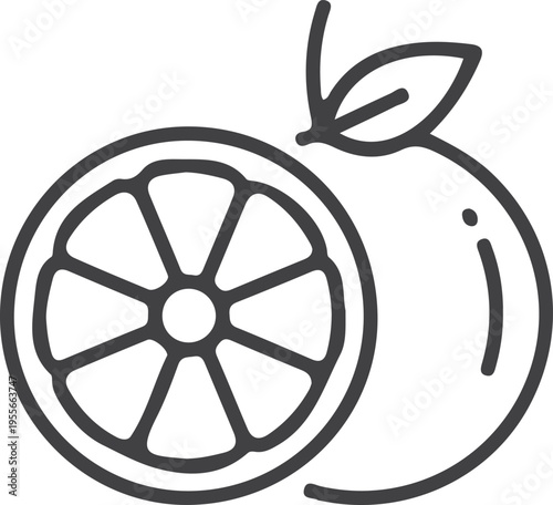 A black and white line art illustration of a sliced orange fruit with a single leaf on top side