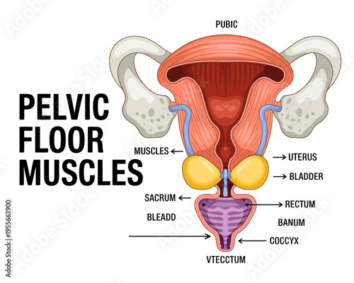 Detailed illustration of female pelvic floor muscles and organs anatomy