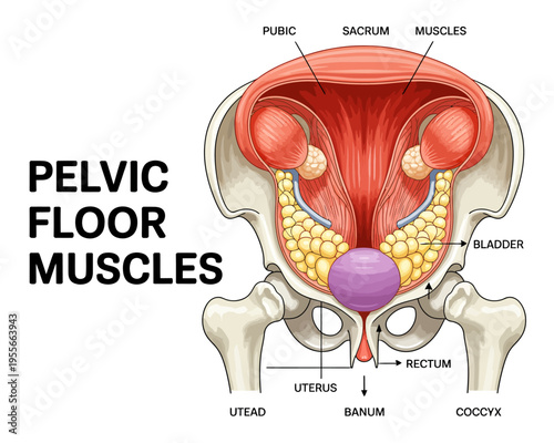 Human female pelvic floor muscles anatomy diagram  labeled internal organs and bones