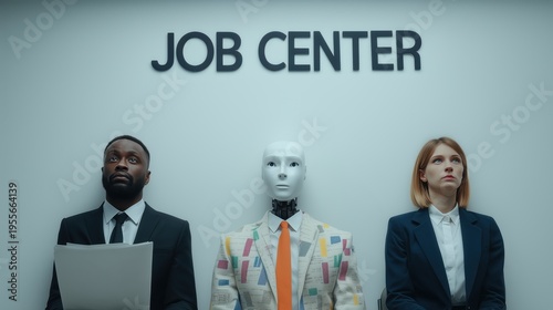 AGI and autonomous AI reshaping employment and interviews, humanoid robot among job applicants concept