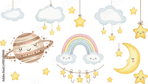 Cute dreamy sky elements set featuring clouds rainbow moon stars and planet in soft pastel cartoon vector illustration collection