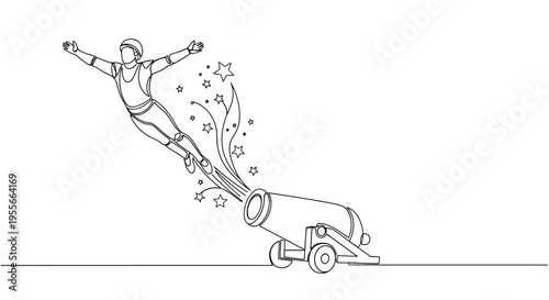 Circus performer launched from cannon, celebrating success, black and white line art