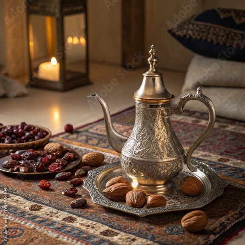 Ornate Silver Teapot With Dates And Nuts On An Arabic Rug, Lit By A Candle