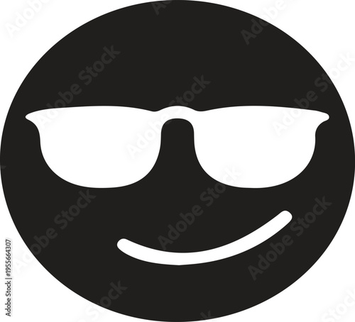 A minimalist black and white graphic icon of a smiling face wearing a pair of cool sunglasses