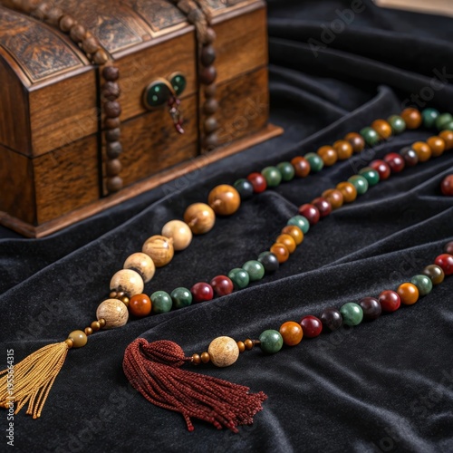 Scattered Colorful Prayer Beads With Tassels Lie Near An Antique Wooden Chest