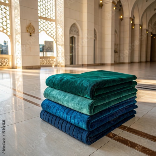 Stack of Luxurious Folded Velvet Prayer Mats in Deep Teal and Emerald Shades Inside an Ornate Mosque Hall