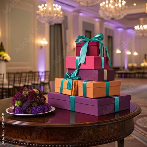 Elegant stack of beautifully wrapped gift boxes with teal ribbon on a table at a formal celebration event