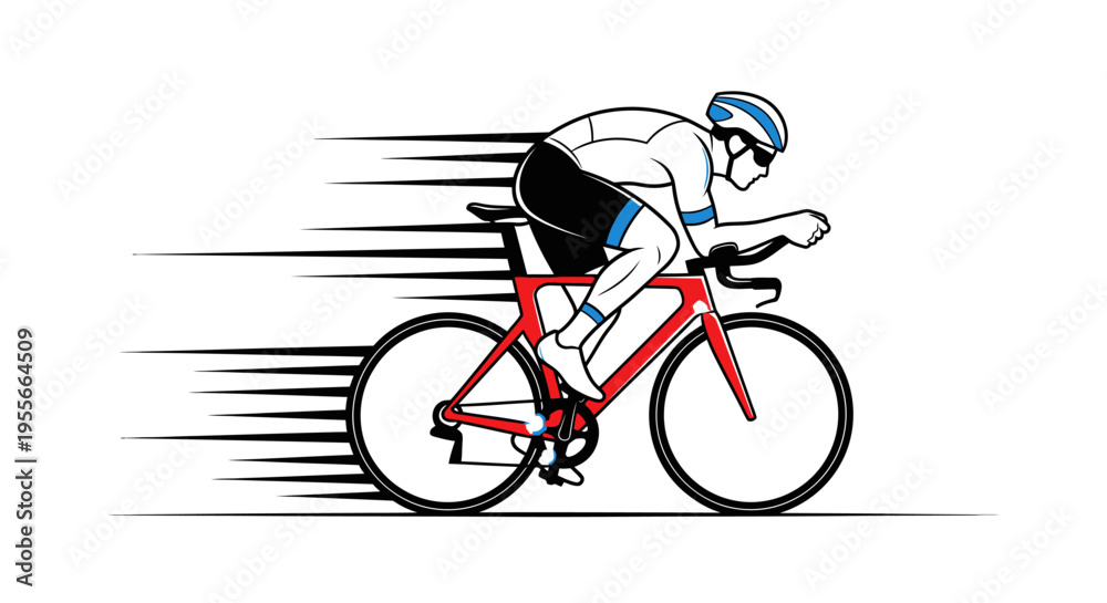 Obraz premium Dynamic illustration of a fast-moving cyclist on a red racing bicycle, depicted with speed lines on a white background, showcasing speed and athleticism.