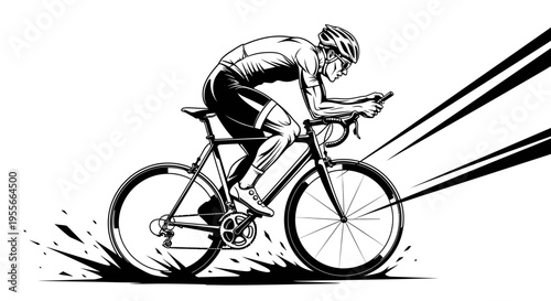 Dynamic black and white illustration of a male cyclist on a racing bike, speeding with motion lines and splashes.