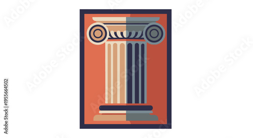 Stylized graphic illustration of a classical Ionic column with a split color design, set against a rectangular background.