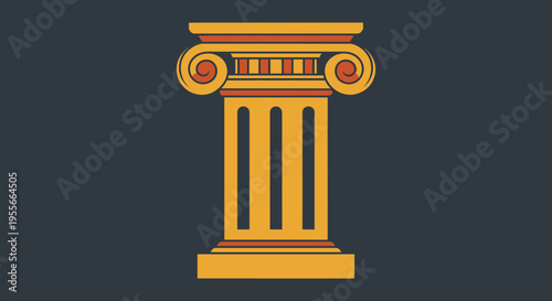 Stylized illustration of a classical Ionic column with volutes and fluted shaft in gold and brown against a dark background.