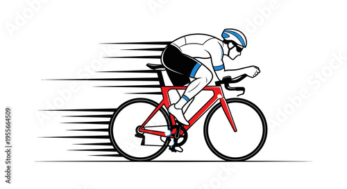 Dynamic illustration of a fast-moving cyclist on a red racing bicycle, depicted with speed lines on a white background, showcasing speed and athleticism.