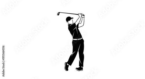 Silhouette of a male golfer in a dynamic swing pose, captured in a black and white graphic style, perfect for sports-related designs.