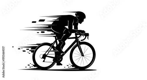 A dynamic black and white silhouette illustration of a cyclist riding a road bike at high speed with motion blur effects.
