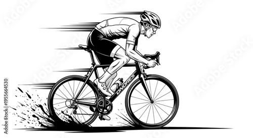 Dynamic black and white illustration of a male cyclist racing on a road bike with speed lines and a motion blur effect, depicting intense speed and athletic performance.