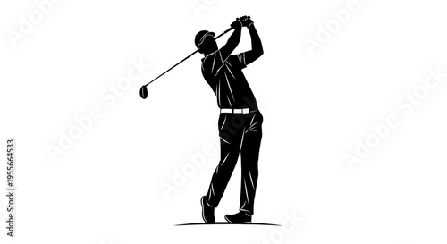 Silhouette of a male golfer in mid-swing with a golf club, depicted in black and white, showcasing athletic form and motion.
