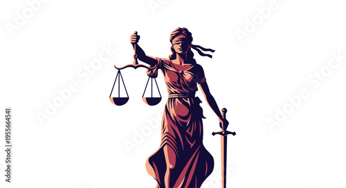 A detailed illustration of Lady Justice, blindfolded, holding scales and a sword, symbolizing fairness and the legal system.