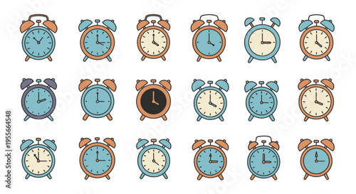 A collection of colorful classic twin-bell alarm clocks in various shades of blue, orange, and brown, arranged neatly in rows.