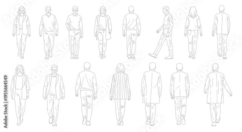 Group of Diverse Outline People Standing and Walking, Front and Back View, isolated white background