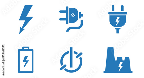 Set of Blue Electricity and Energy Icons with Lightning Bolt, Plug, Battery, Power Button, and Factory, isolated white background
