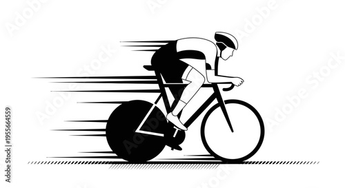 Stylized black and white illustration of a fast-moving cyclist in a racing position, depicting speed and dynamic motion.