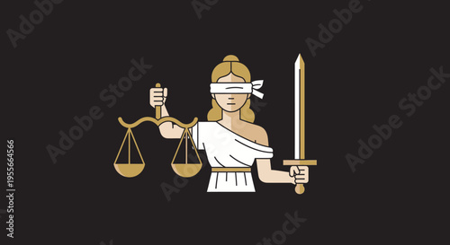 Stylized illustration of Lady Justice, blindfolded, holding a sword and scales, symbolizing law and fairness on a dark background.