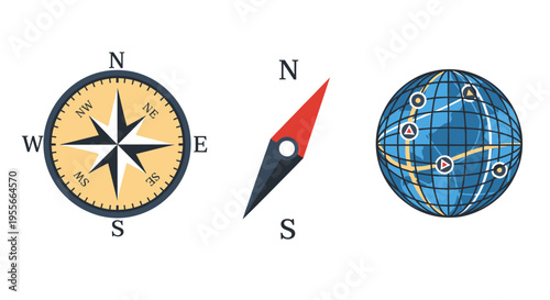A collection of navigation tools including a classic compass rose, a magnetic compass needle, and a global positioning system globe.