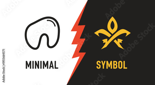 A split image contrasting a minimal outline shape with the word "MINIMAL" against a symbolic golden emblem with the word "SYMBOL", separated by a red lightning bolt.