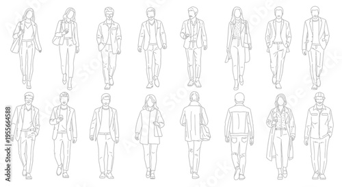 Collection of various line art drawings depicting diverse people in different poses, suitable for architectural and design projects.