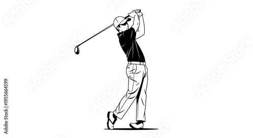 Black and white illustration of a male golfer in mid-swing, preparing to hit the golf ball with a driver, showcasing the dynamic motion of the sport.