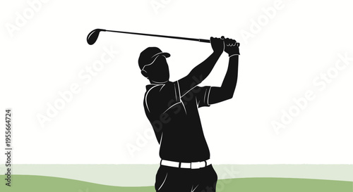 Focused Male Golfer Swinging Golf Club on a Green Golf Course Background