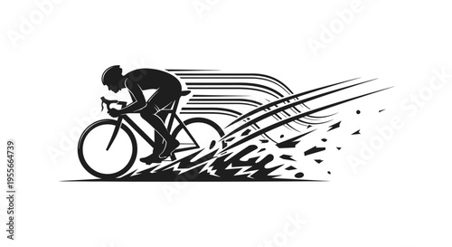 Determined Male Cyclist Racing Fast on Road Bike with Motion Lines on Isolated White Background