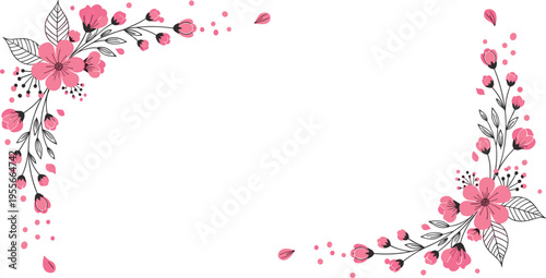 Floral corner frame pink flowers leaves botanical design elegant decorative border wedding invitation background vector illustration