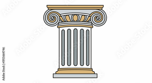 Classical Ionic Architectural Column with Light Blue and Yellow Capital, Representing Ancient Greek Structure, on isolated white background.