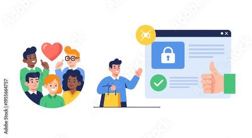 Secure Online Shopping, Customer Trust, and Community Satisfaction Illustration