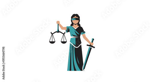 Blindfolded Lady Justice Symbol Holding Scales and Sword on Isolated White Background