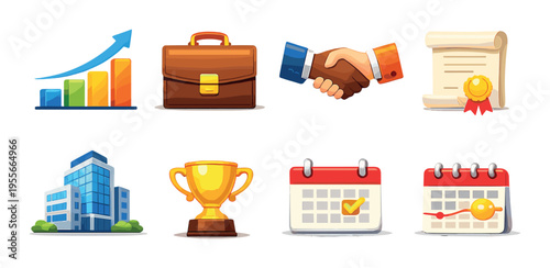 Business icons arranged in two rows on gradient backdrop