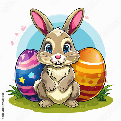 Niedlicher Osterhase mit bunten Ostereiern im Frühlingsstil